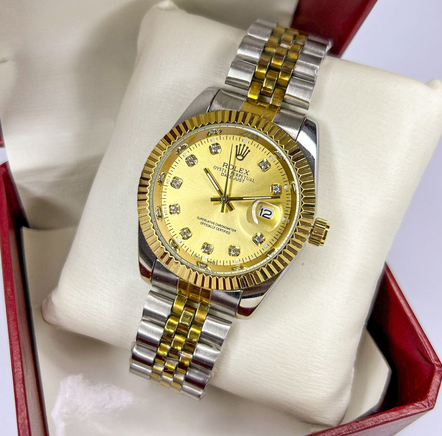 "ROLEX Two Tone Day-Date Gold & Stainless Steel Diamond Dial Luxury Watch" Dial-39mm