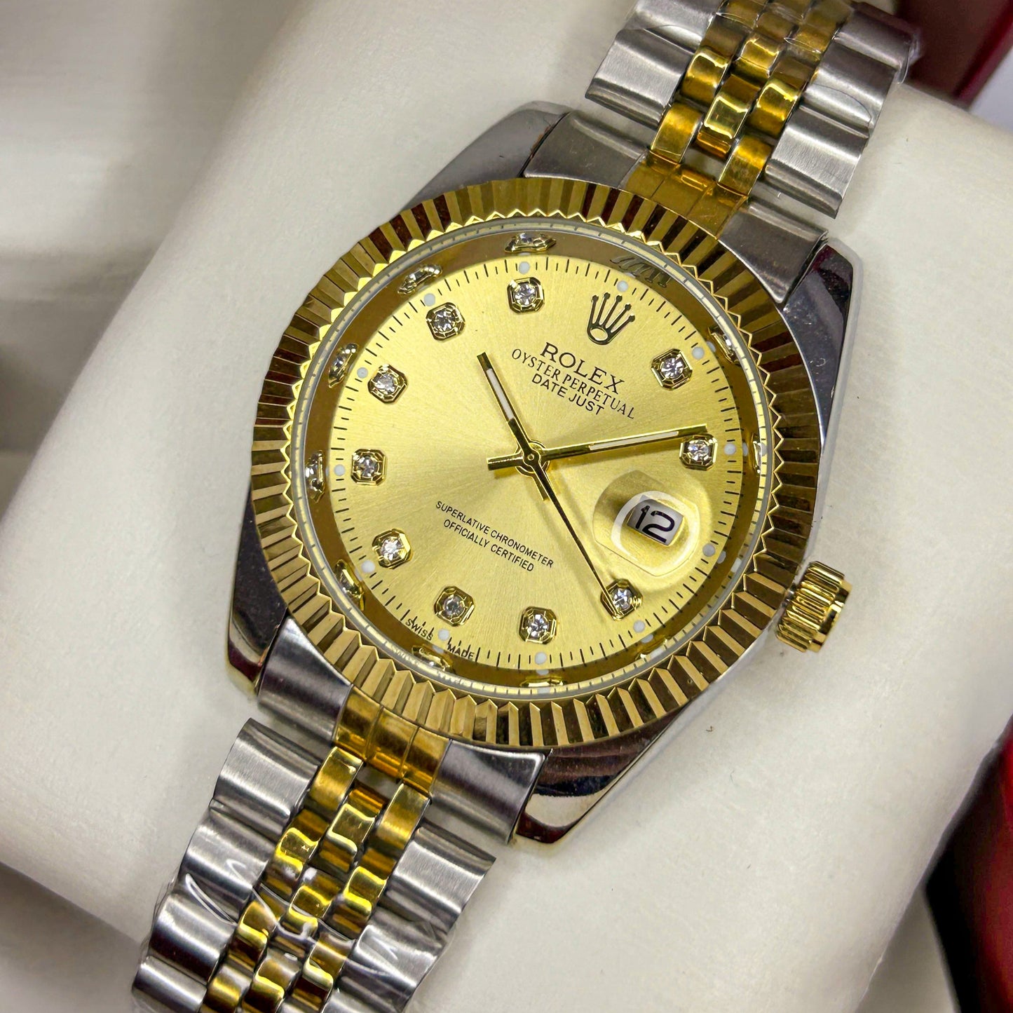 "ROLEX Two Tone Day-Date Gold & Stainless Steel Diamond Dial Luxury Watch" Dial-39mm